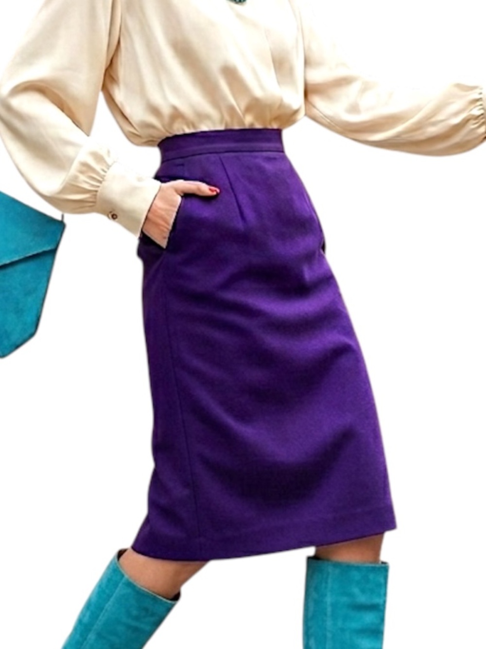 Vintage 80s 90s pure wool purple old money retro straight midi skirt 16